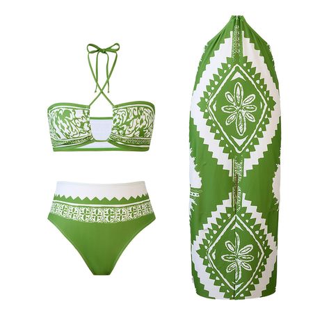 French Retro Print Halter Sleeveless Triangle With Cover Up Bikini Set Women Swimwear Three-pieces Bather Bathing Suit Swim New